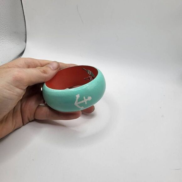 Sailor Style Teal and Red Bangle Bracelet with an Anchor - 1.25" wide - Picture 2 of 4